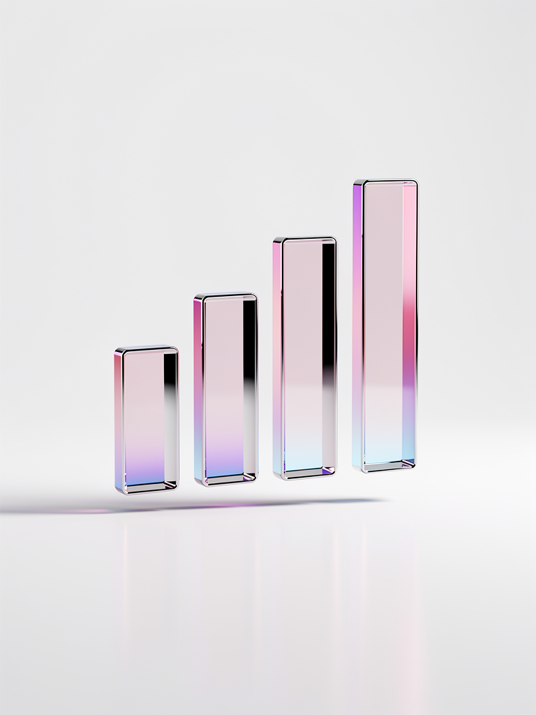Iridescent 3D bar chart abstraction representing the indexed Almanex corpus