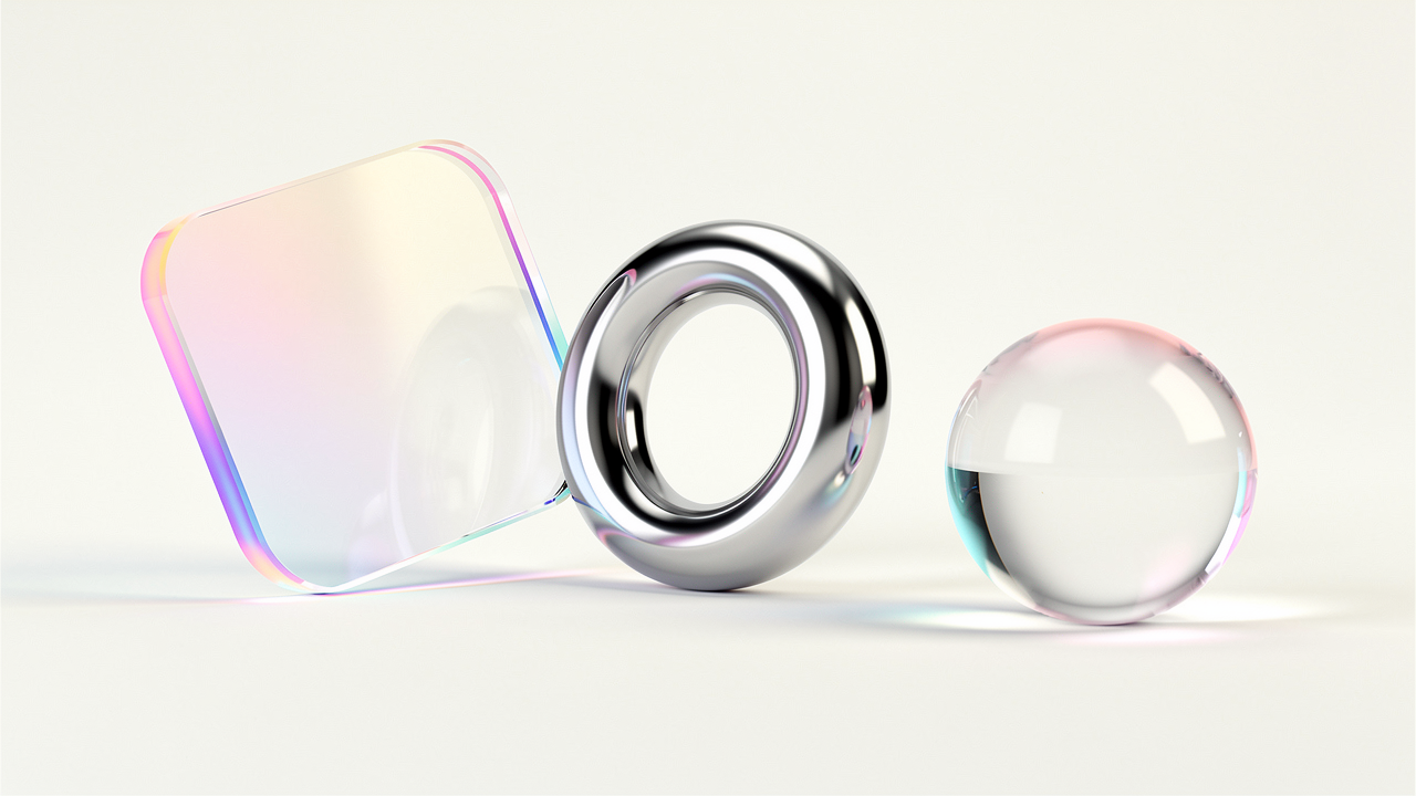 Iridescent glass-and-chrome primitives representing sources, facts, and structured outputs